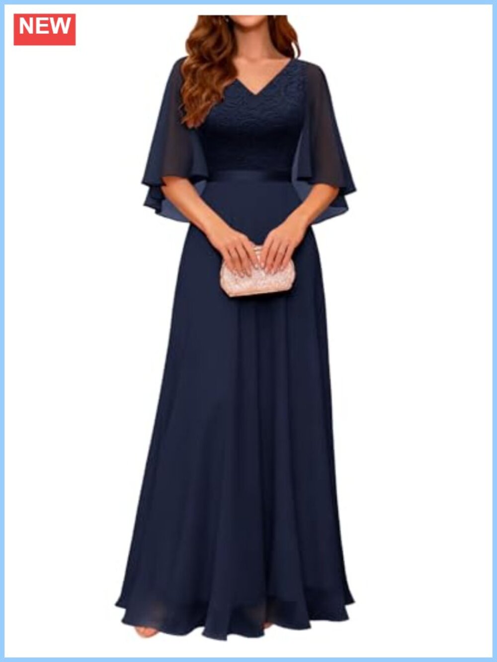 Lace Chiffon Maxi Formal Evening Gown Fit Flare V-Neck Cape Sleeve Wedding